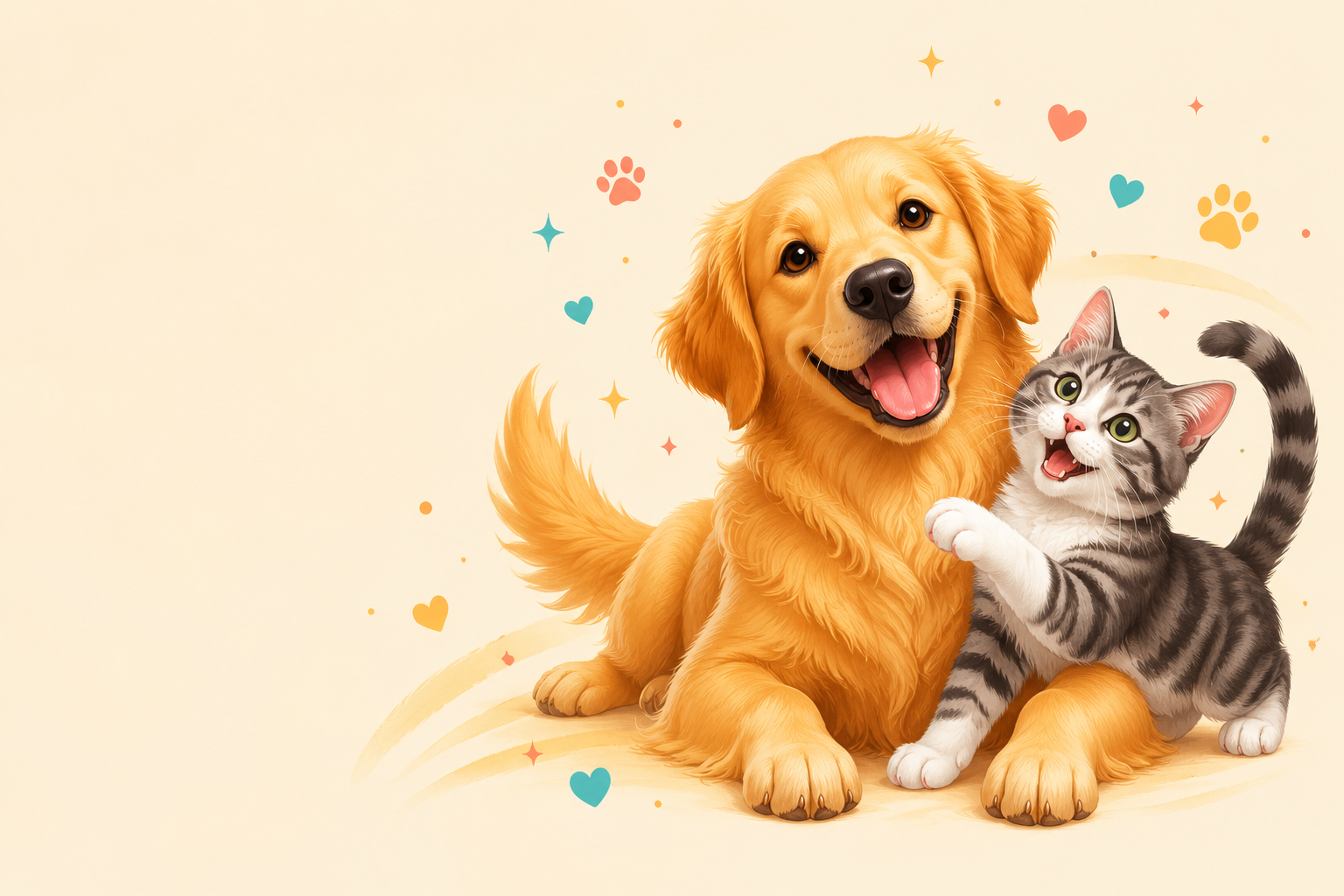 A cheerful golden retriever and grey-and-white tabby cat surrounded by playful hearts and paw prints